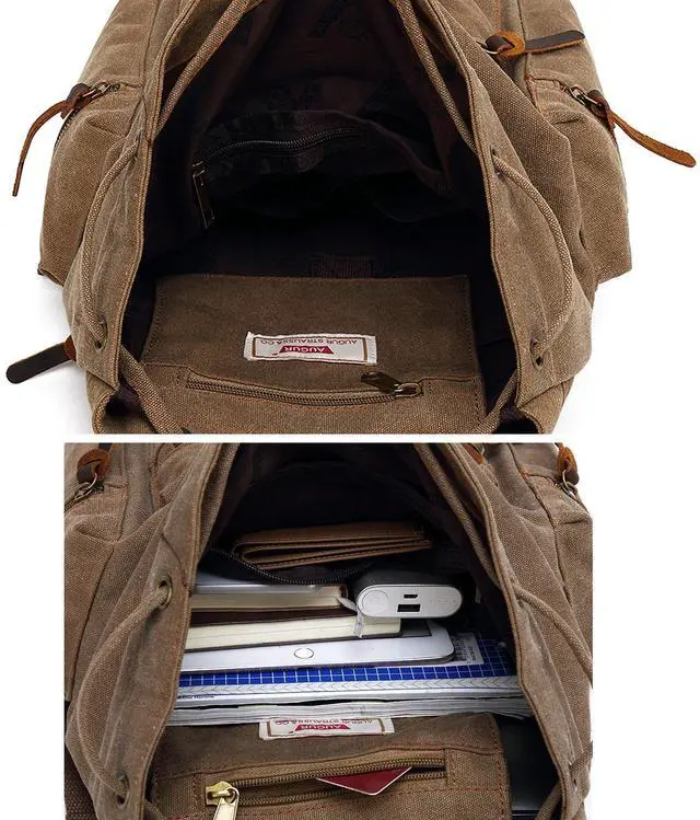 Alt view image 5 of 5 - HuaChen Vintage Canvas Backpack with Leather Accents, Casual Daypack Travel Rucksack for Men Women,School College Hiking Camping M32-Brown