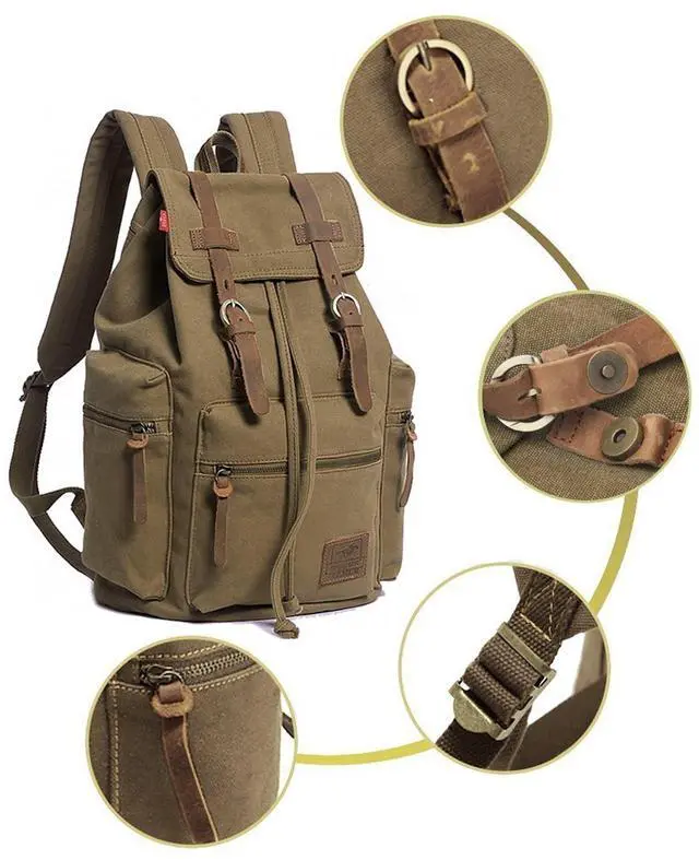 Alt view image 4 of 5 - HuaChen Vintage Canvas Backpack with Leather Accents, Casual Daypack Travel Rucksack for Men Women,School College Hiking Camping M32-Brown