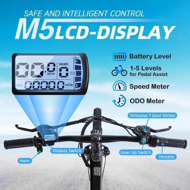 Alt view image 5 of 6 - Narrak Electric Mountain Bike for Adults 26" Step-Over Commuting Ebike for Men Women with Peak Power 540W, 374WH Removable Battery, LCD Display, 7 Gears & Front Shock Absorber (Step Over - Black)
