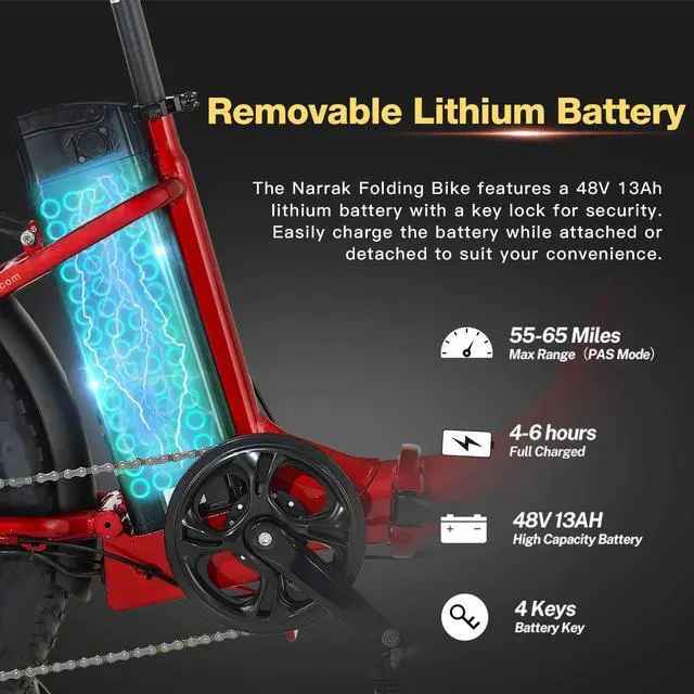 Alt view image 2 of 6 - Fat Tire Folding Electric Bike, 48V & 624Wh Lithium Removable Battery, Peak 1100W Brushless Motor, Max Speed 28Mph, M5 Large LCD Display, Suspension, Step-Over/Thru Frame Step-thru Red