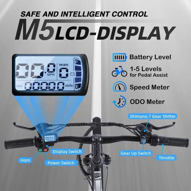 Alt view image 6 of 7 - Electric Mountain Bike for Adults 26" Step-Over/Thru Commuter Ebike for Men Women, 1100W Peak Motor, 500Wh Removable Battery, LCD Display, 7-Speed, Front Suspension Step-thru Black