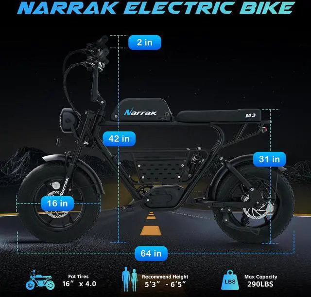 Alt view image 7 of 7 - Electric Bike for Adults,1100W Peak Motor 16" x 4.0 Fat Tires 28MPH E-Bike, 48V Removable Battery Dirt Bike, Dual Suspension & Brakes Motorcycle, 7-Speed, All Terrain for Mountains, Snow