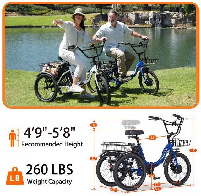Alt view image 6 of 6 - Electric Tricycle for Adults,20" Folding Electric Trike,3 Wheels Electric Bicycle Bikes, 350W Step-Thru Etrike with 374WH Removable Battery and Large Basket for Women Men Blue