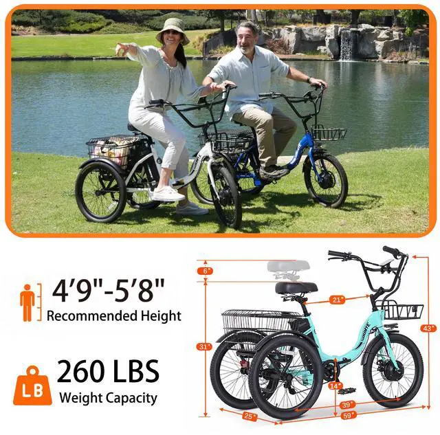 Alt view image 6 of 6 - Electric Tricycle for Adults,20" Folding Electric Trike,3 Wheels Electric Bicycle Bikes, 350W Step-Thru Etrike with 374WH Removable Battery and Large Basket for Women Men Green