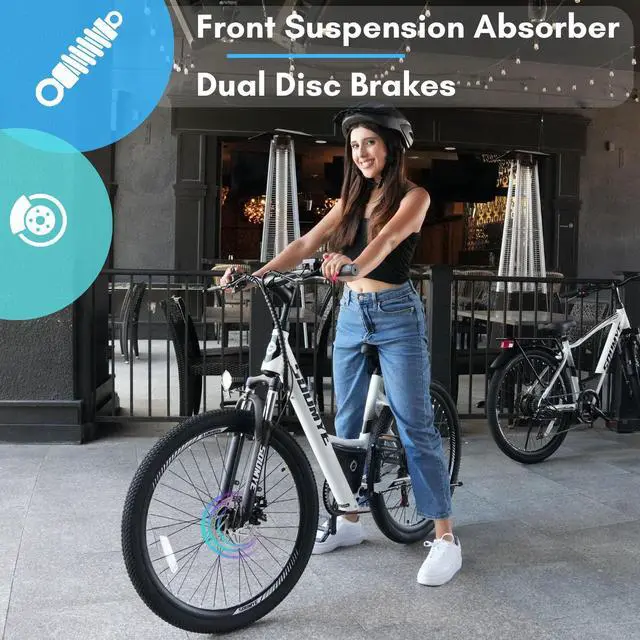 Alt view image 3 of 7 - Electric Mountain Bike for Adults 26" Step-Thru/Over Commuting Ebike for Men Women with Peak Power 540w, 360Wh Built-in Battery, LCD Display, 7 Gears & Front Shock Absorber Step-thru White