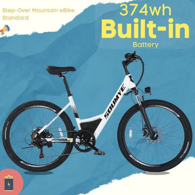 Alt view image 5 of 7 - Electric Mountain Bike for Adults 26" Step-Thru/Over Commuting Ebike for Men Women with Peak Power 540w, 360Wh Built-in Battery, LCD Display, 7 Gears & Front Shock Absorber Step-thru White