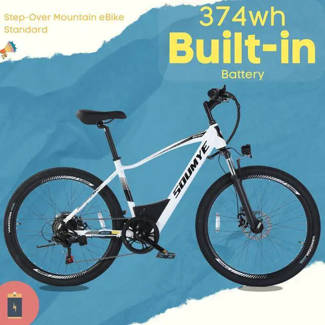 Alt view image 5 of 7 - Electric Mountain Bike for Adults 26" Step-Thru/Over Commuting Ebike for Men Women with Peak Power 540w, 360Wh Built-in Battery, LCD Display, 7 Gears & Front Shock Absorber Step-Over White