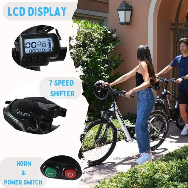 Alt view image 6 of 7 - Electric Mountain Bike for Adults 26" Step-Thru/Over Commuting Ebike for Men Women with Peak Power 540w, 360Wh Built-in Battery, LCD Display, 7 Gears & Front Shock Absorber Step-Over White