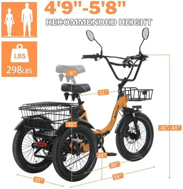 Alt view image 6 of 7 - Narrak Electric Tricycle for Adults,18"x 3.0 Tire Folding Electric Trike,3 Wheels Electric Bicycle Bikes, 350W Step-Thru Etrike with 374WH Removable Battery and Large Basket for Women Men Orange
