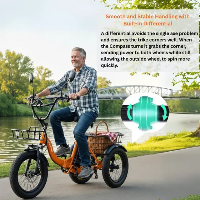 Alt view image 7 of 7 - Narrak Electric Tricycle for Adults,18"x 3.0 Tire Folding Electric Trike,3 Wheels Electric Bicycle Bikes, 350W Step-Thru Etrike with 374WH Removable Battery and Large Basket for Women Men Orange