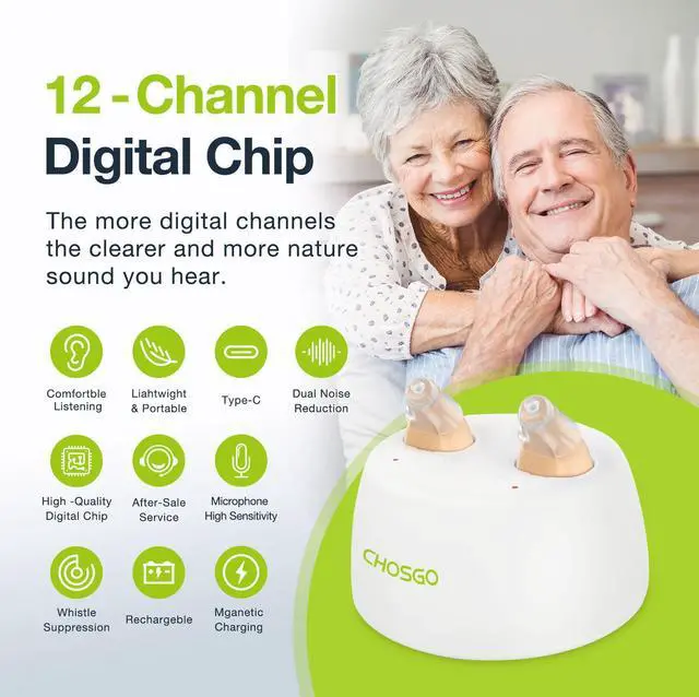 Alt view image 3 of 7 - Chosgo K19 Rechargeable Personal Sound Amplifier with Portable Charging Case,Hearing Amplifiers for Seniors with Noise Cancelling,Mini CIC Hearing Aids with 12-Channel(Beige)