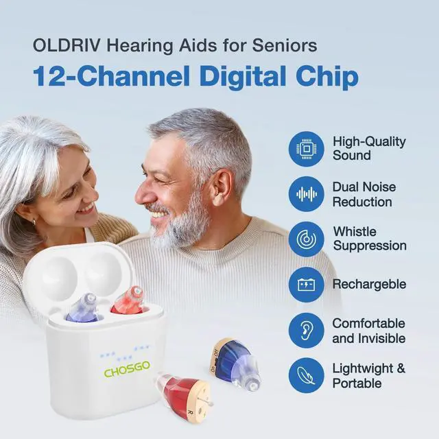 Alt view image 2 of 6 - Chosgo K19RC Rechargeable CIC Hearing Aids for Seniors with Noise Cancelling, Hearing Amplifiers for Ear with Portable Charging Case(Red&Blue)