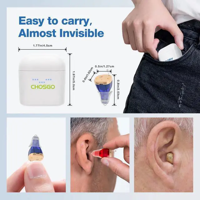 Alt view image 4 of 6 - Chosgo K19RC Rechargeable CIC Hearing Aids for Seniors with Noise Cancelling, Hearing Amplifiers for Ear with Portable Charging Case(Red&Blue)