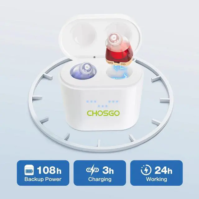 Alt view image 5 of 6 - Chosgo K19RC Rechargeable CIC Hearing Aids for Seniors with Noise Cancelling, Hearing Amplifiers for Ear with Portable Charging Case(Red&Blue)