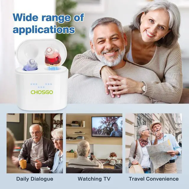 Alt view image 6 of 6 - Chosgo K19RC Rechargeable CIC Hearing Aids for Seniors with Noise Cancelling, Hearing Amplifiers for Ear with Portable Charging Case(Red&Blue)
