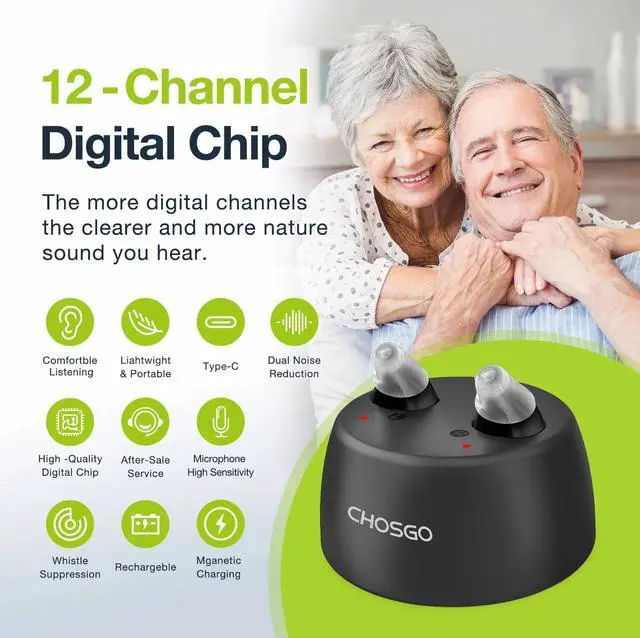 Alt view image 2 of 7 - Chosgo K19 Rechargeable Personal Sound Amplifier with Portable Charging Case,Hearing Aids for Seniors with Noise Cancelling(Black)
