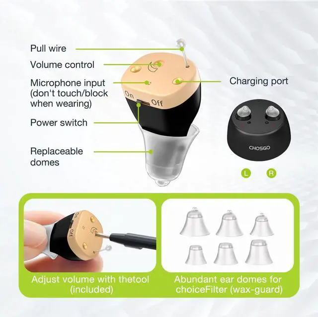 Alt view image 4 of 7 - Chosgo K19 Rechargeable Personal Sound Amplifier with Portable Charging Case,Hearing Aids for Seniors with Noise Cancelling(Black)