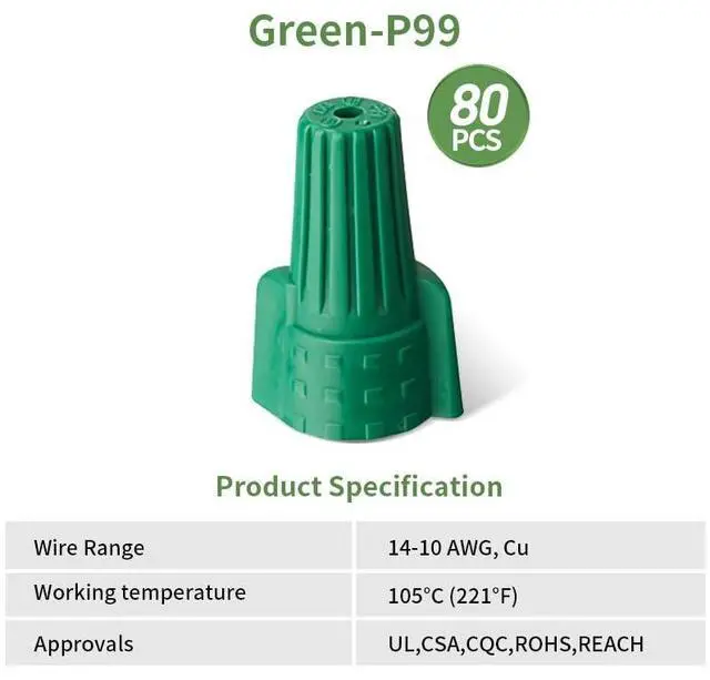 Alt view image 2 of 5 - Green Wire Connectors Nuts with Hole, Arborix 80 PCs Winged Green Wire Connectors Nuts Cable Grounding Connectors Electrical Cap UL Listed Easy-Twist 14-10 AWG