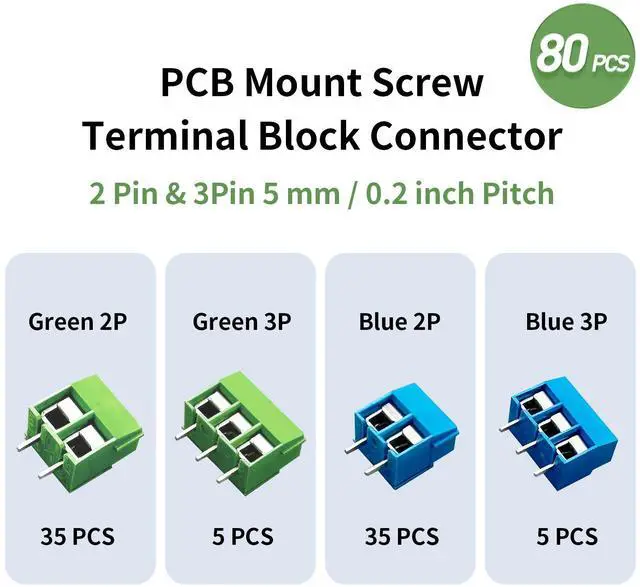 Alt view image 3 of 6 - Arborix Screw Terminal Block PCB Connectors Circuit Board Connectors Mount Screw Terminal Assortment Kit 80 pcs UL Listed for Breadboard Terminal and Audino 0.5 mm 2 Pin 3 Pin Green Blue