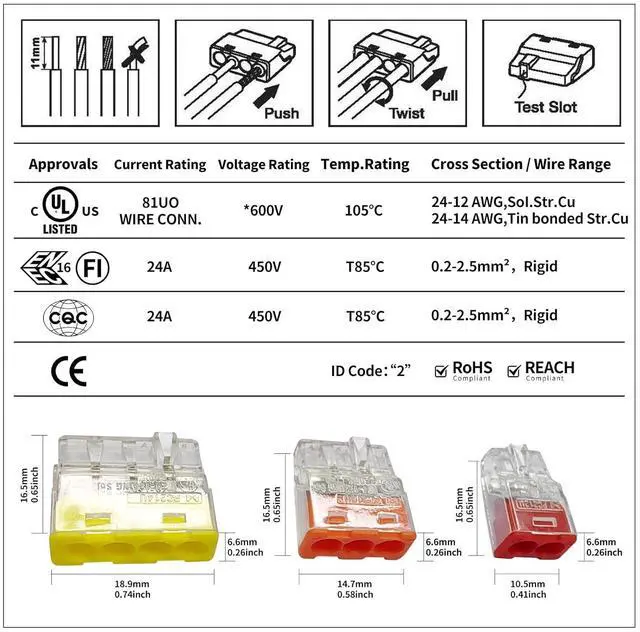 Alt view image 4 of 6 - Arborix Push-in Wire connectors Nuts 10pcs terminals UL Listed Quick Connect connectors kit Low Voltage Wire Electrical connectors for Wiring 3 Port Connectors Assortment Kit 24-14 AWG