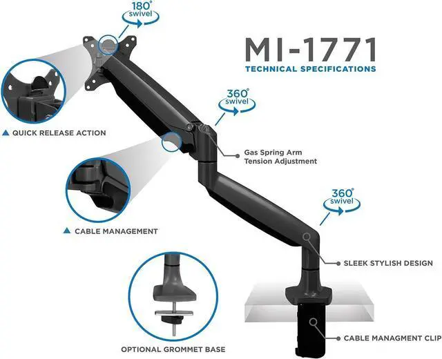 Alt view image 7 of 7 - Single Monitor Arm Desk Mount | Gas Spring Monitor Arm | Full Motion Articulating Height Adjustable | Fits 21 22 23 24 27 30 32 Inch VESA Compatible Computer Screen | Clamp and Grommet Base