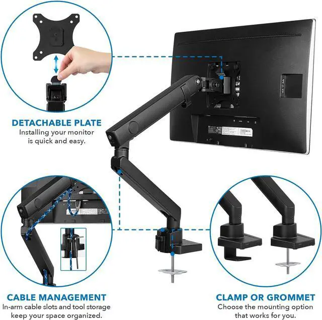 Alt view image 3 of 7 - Single Monitor Arm Mount | Premium Monitor Desk Stand | Articulating Mechanical Spring Arm | Fits 24 27 30 32 Inch VESA 75 100 Compatible Computer Screen | C-Clamp and Grommet Bases