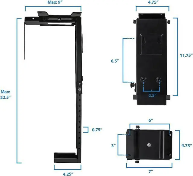 Alt view image 3 of 7 - CPU Under Desk Mount Bracket - Computer Tower Wall and Under Counter Holder, 360 Degree Swivel Adjustable Height and Width Wall-Mountable