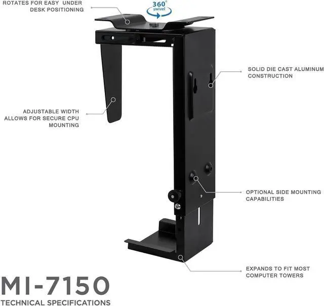 Alt view image 7 of 7 - CPU Under Desk Mount Bracket - Computer Tower Wall and Under Counter Holder, 360 Degree Swivel Adjustable Height and Width Wall-Mountable