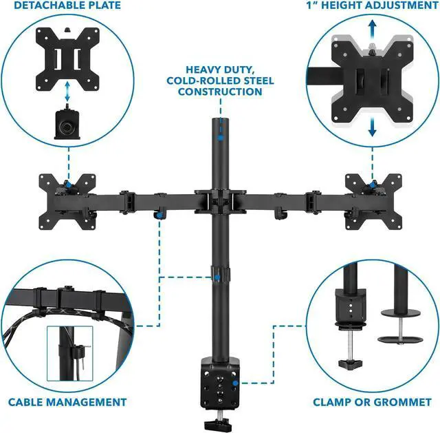 Alt view image 6 of 7 - Dual Monitor Mount | Double Monitor Desk Stand | Two Heavy Duty Full Motion Adjustable Arms Fit 2 Computer Screens 17 19 20 21 22 24 27 Inch | VESA 75 100 | C-Clamp and Grommet Base
