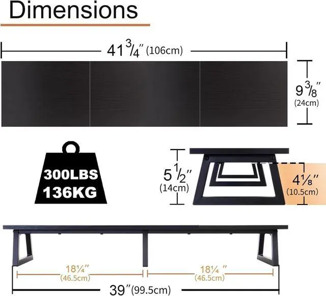 Alt view image 5 of 6 - TEAMIX Black 42 inch Dual Monitor Riser,Wood and Steel Long Monitor Stand for 2 Monitors with Storage Large TV Riser Computer Laptop Stand for Desk Office Organization