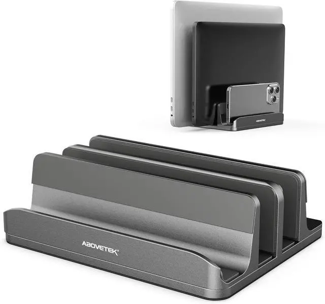 Main image of AboveTEK Vertical Laptop Stand, 3 Slots Aluminum Desk Laptop Holder & Laptop Docking Station Stand for MacBook, Tablet, Phone - Universal Fit (Up to 17.3") - Heavy Duty Polished, Anti Slide - Grey