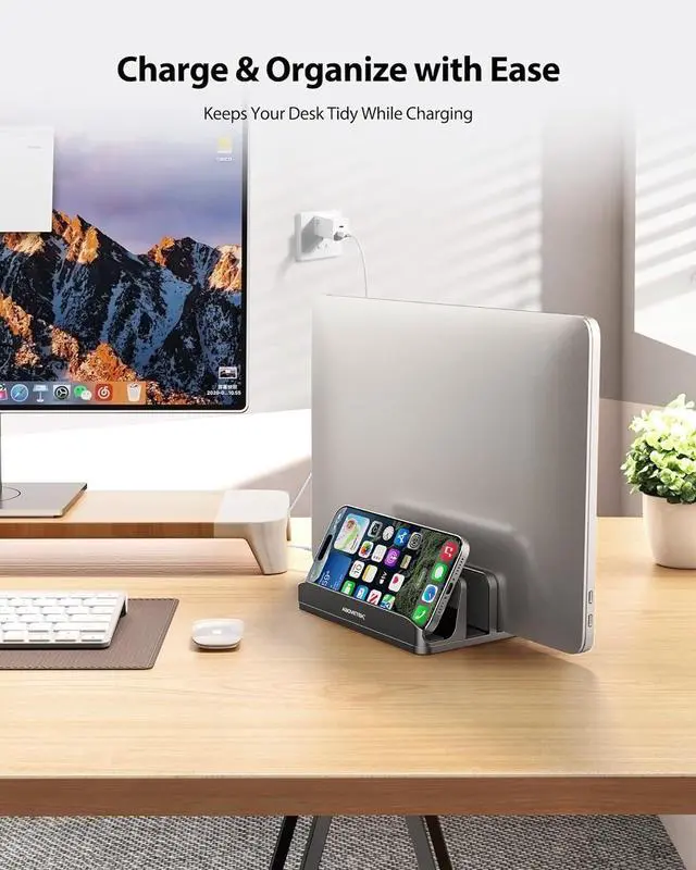 Alt view image 2 of 7 - AboveTEK Vertical Laptop Stand, 3 Slots Aluminum Desk Laptop Holder & Laptop Docking Station Stand for MacBook, Tablet, Phone - Universal Fit (Up to 17.3") - Heavy Duty Polished, Anti Slide - Grey