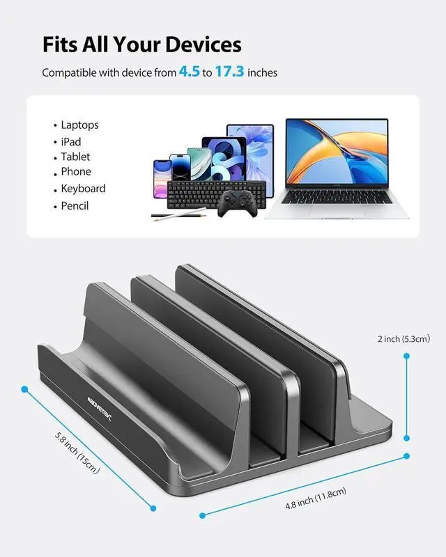 Alt view image 3 of 7 - AboveTEK Vertical Laptop Stand, 3 Slots Aluminum Desk Laptop Holder & Laptop Docking Station Stand for MacBook, Tablet, Phone - Universal Fit (Up to 17.3") - Heavy Duty Polished, Anti Slide - Grey