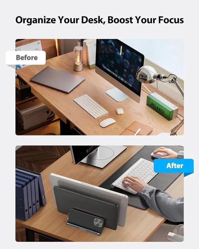 Alt view image 5 of 7 - AboveTEK Vertical Laptop Stand, 3 Slots Aluminum Desk Laptop Holder & Laptop Docking Station Stand for MacBook, Tablet, Phone - Universal Fit (Up to 17.3") - Heavy Duty Polished, Anti Slide - Grey