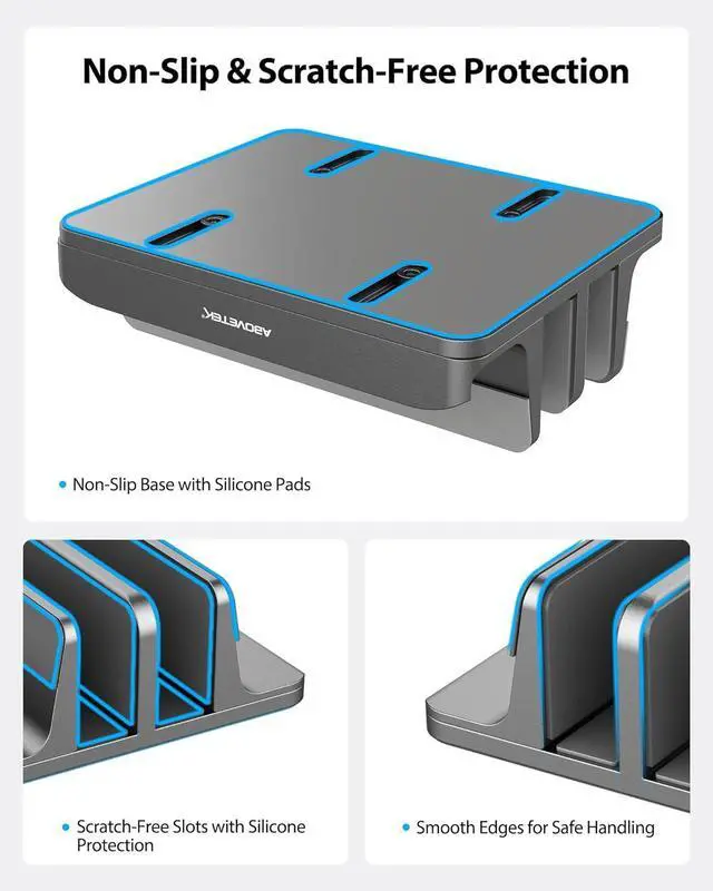 Alt view image 6 of 7 - AboveTEK Vertical Laptop Stand, 3 Slots Aluminum Desk Laptop Holder & Laptop Docking Station Stand for MacBook, Tablet, Phone - Universal Fit (Up to 17.3") - Heavy Duty Polished, Anti Slide - Grey