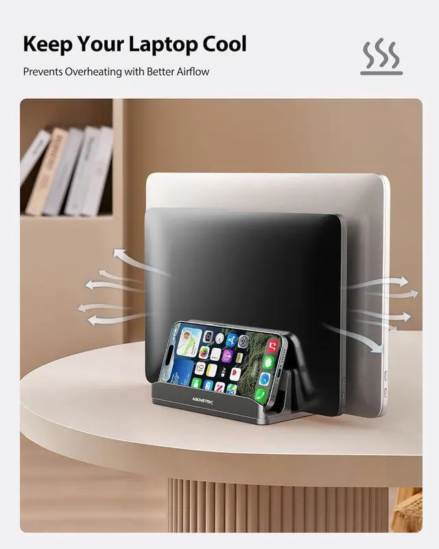 Alt view image 7 of 7 - AboveTEK Vertical Laptop Stand, 3 Slots Aluminum Desk Laptop Holder & Laptop Docking Station Stand for MacBook, Tablet, Phone - Universal Fit (Up to 17.3") - Heavy Duty Polished, Anti Slide - Grey