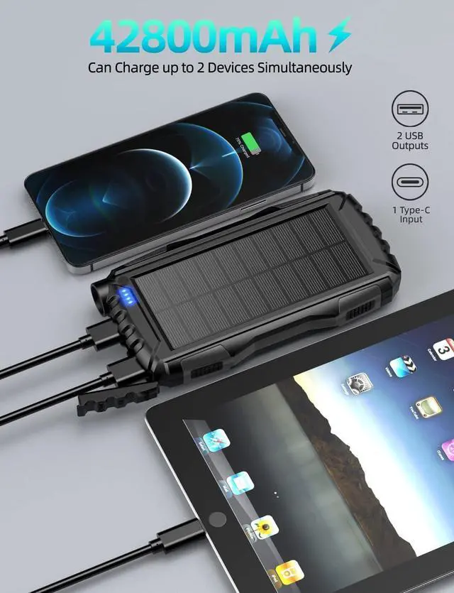 Alt view image 2 of 7 - Power-Bank-Solar-Charger - 42800mAh Portable Charger,Solar Power Bank,External Battery Pack 5V3.1A Qc 3.0 Fast Charger Built-in Super Bright Flashlight (Deep Black)