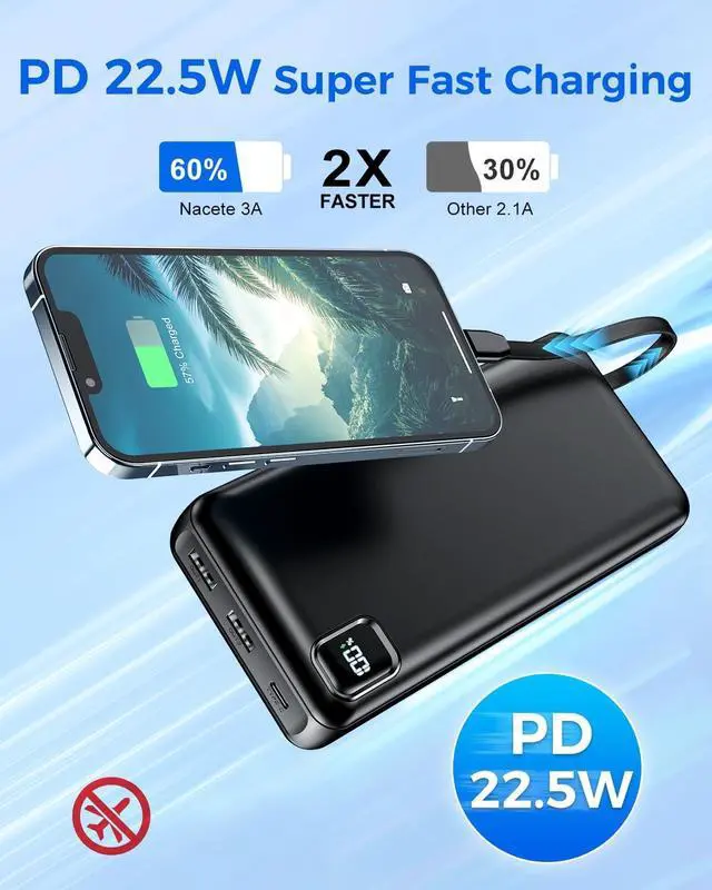 Alt view image 2 of 7 - Portable Charger Power Bank 50000mAh Portable Phone Charger, PD 22.5W Fast Charging Powerbank Built in Cable, 5 Output 3 Input USB C LED Display for iPhone 16 15 14 13 Samsung Android iPad