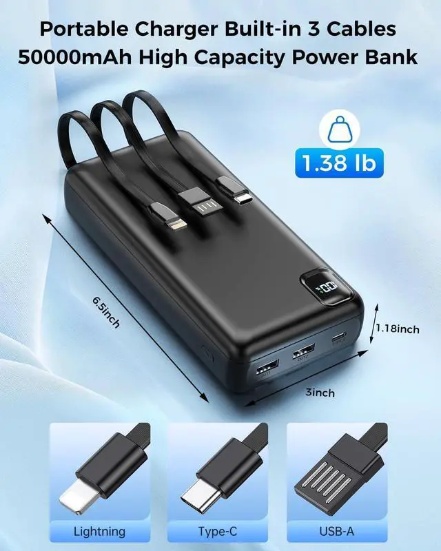 Alt view image 3 of 7 - Portable Charger Power Bank 50000mAh Portable Phone Charger, PD 22.5W Fast Charging Powerbank Built in Cable, 5 Output 3 Input USB C LED Display for iPhone 16 15 14 13 Samsung Android iPad