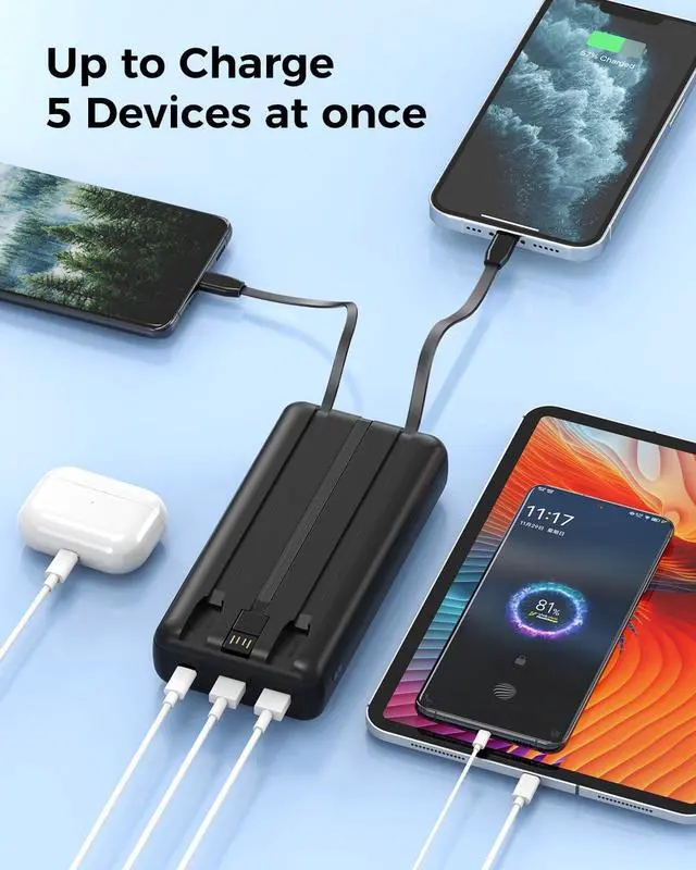 Alt view image 4 of 7 - Portable Charger Power Bank 50000mAh Portable Phone Charger, PD 22.5W Fast Charging Powerbank Built in Cable, 5 Output 3 Input USB C LED Display for iPhone 16 15 14 13 Samsung Android iPad