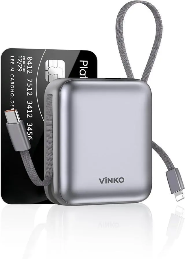 Main image of VINKO Small Portable Charger, 22.5W Fast Charging Mini Power Bank 10000mAh with Built-in Cables LED Display, Travel Essential USB-C Battery Pack Compatible with iPhone,Samsung,Android (Gray)