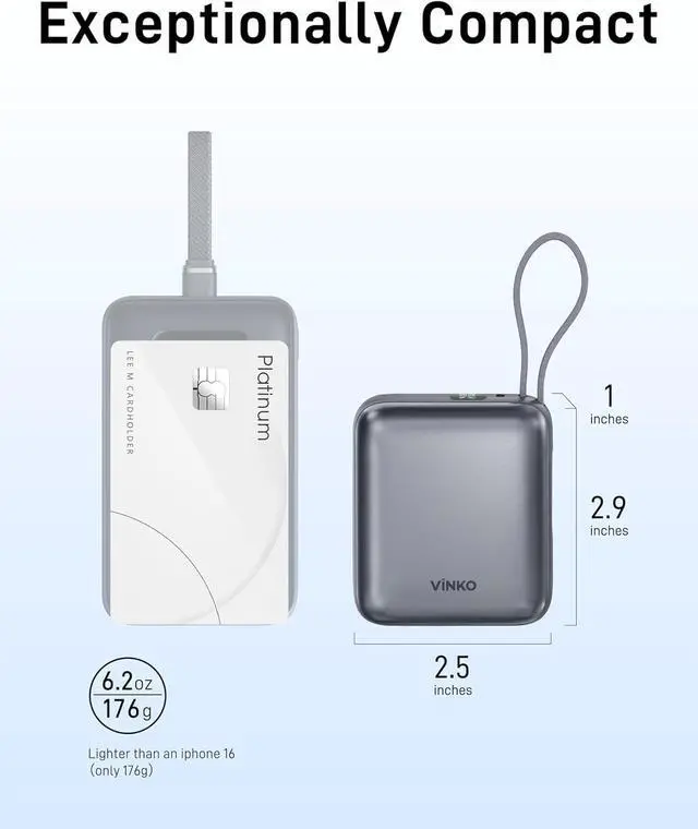 Alt view image 2 of 7 - VINKO Small Portable Charger, 22.5W Fast Charging Mini Power Bank 10000mAh with Built-in Cables LED Display, Travel Essential USB-C Battery Pack Compatible with iPhone,Samsung,Android (Gray)