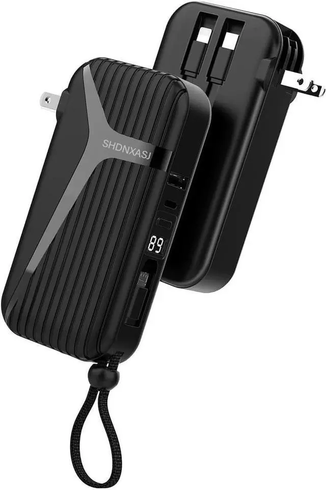 Main image of Portable Charger with Built in Cable and AC Wall Plug 10000 mAh External Battery Power Bank LED Display 4 Outputs 2 Inputs Travel Phone Charger Battery Pack for iPhone 16 15 14 13  iPad