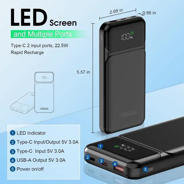 Alt view image 3 of 7 - Portable Charger 10000mAh 22.5W Power Bank Fast Charging, PD3.0 QC4.0 PD20W Mini Portable Battery, USB-C Input/Output, LED Digital Display Slim Powerbank for Smartphones Tablets and More, Black (2025)