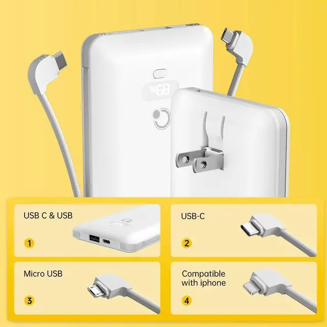 Alt view image 4 of 6 - Brand Q 10000mAh Portable Charger with Built-in Cables and AC Wall Plug, USB C Fast Charging Power Bank with 3 Cords,5 Output External Battery Pack Compatible with iPhone,Tablet and All Smart Phones