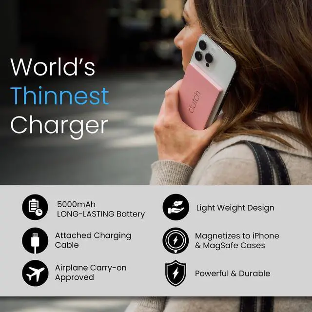 Main image of Clutch - Pro USB-C Portable Charger - Compatible with iPhone 15, 16, 17 & Android Devices - Power Bank Magnetic Battery - TSA Travel Approved - USB Rechargeable - Built-in Cable - 5000 mAh - 3.7oz