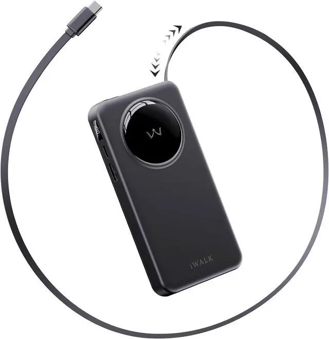 Main image of iWALK 10000mAh Slim Portable Charger, 30W PD Fast Charging Power Bank with Built-in Retractable USB-C Cable for iPhone 16/15 Series, Samsung Galaxy 25/24,Google Pixel,MacBook Air,Black