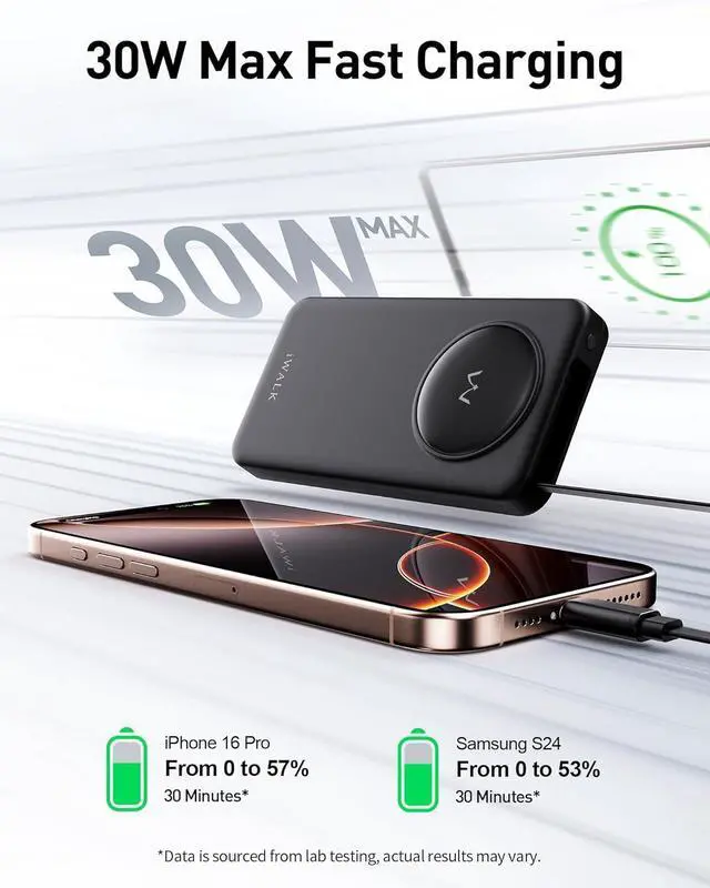 Alt view image 4 of 6 - iWALK 10000mAh Slim Portable Charger, 30W PD Fast Charging Power Bank with Built-in Retractable USB-C Cable for iPhone 16/15 Series, Samsung Galaxy 25/24,Google Pixel,MacBook Air,Black