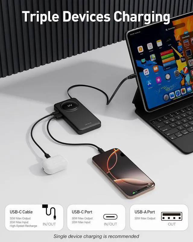 Alt view image 5 of 6 - iWALK 10000mAh Slim Portable Charger, 30W PD Fast Charging Power Bank with Built-in Retractable USB-C Cable for iPhone 16/15 Series, Samsung Galaxy 25/24,Google Pixel,MacBook Air,Black