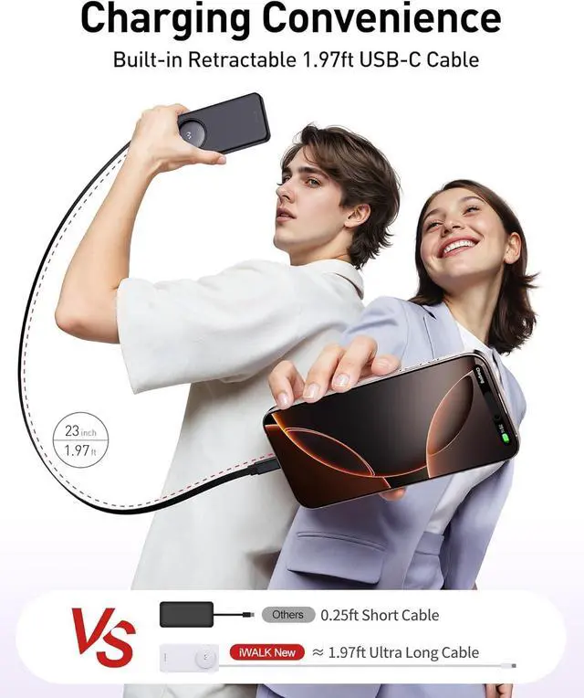 Alt view image 6 of 6 - iWALK 10000mAh Slim Portable Charger, 30W PD Fast Charging Power Bank with Built-in Retractable USB-C Cable for iPhone 16/15 Series, Samsung Galaxy 25/24,Google Pixel,MacBook Air,Black